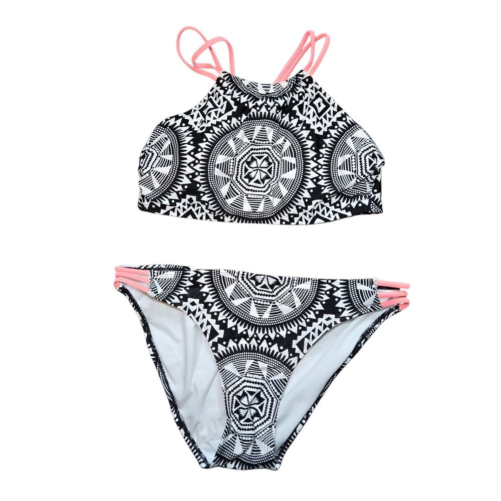 Xhilaration Black and White Geometric Bikini with Pink Straps